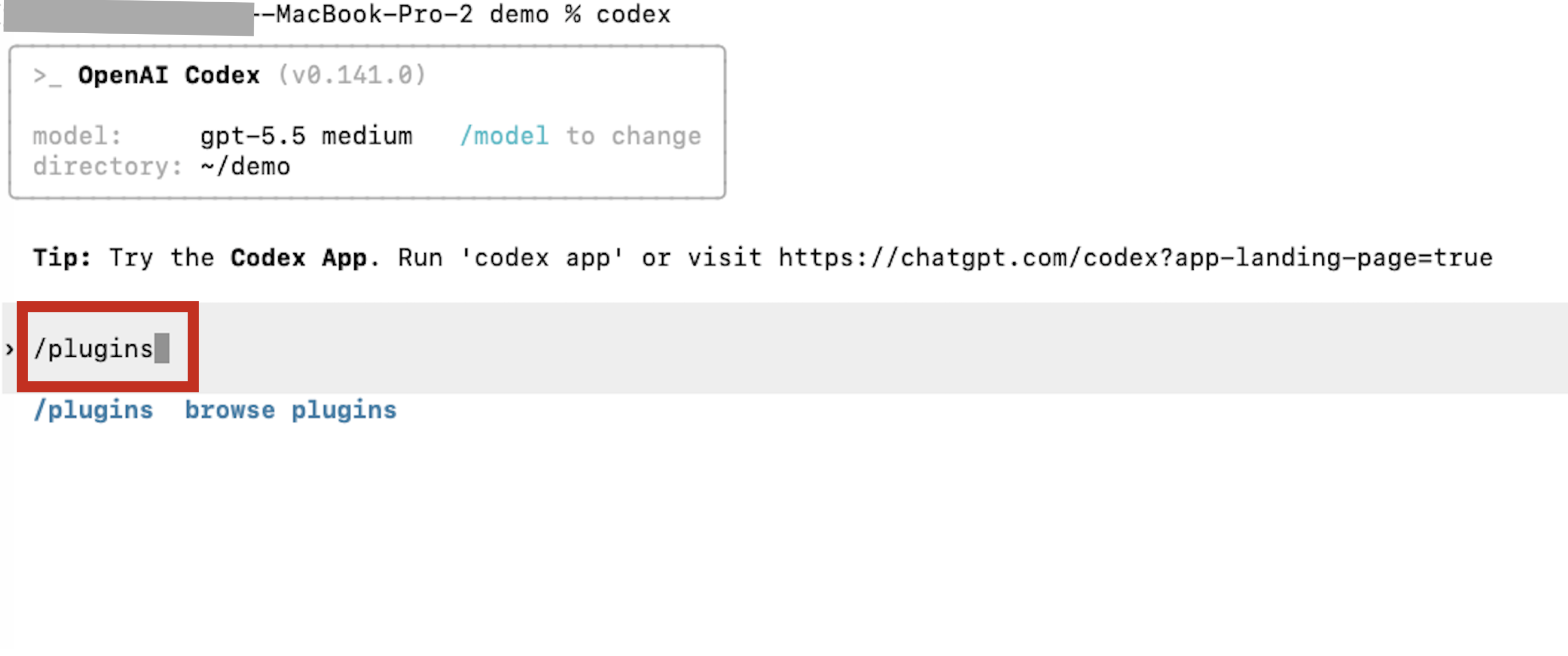 Codex CLI prompt with the /plugins command typed in