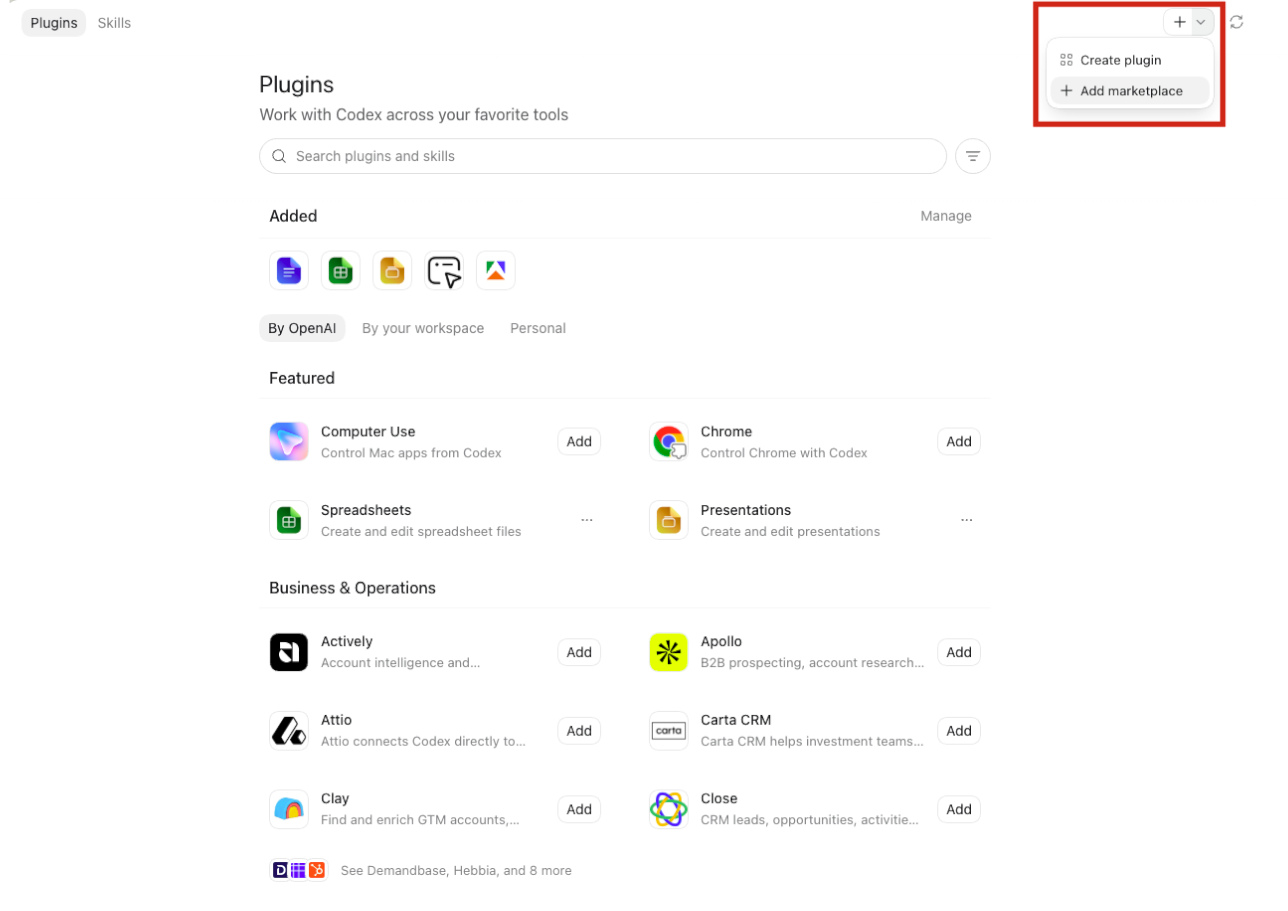 Plugins screen with the add menu open and Add marketplace available