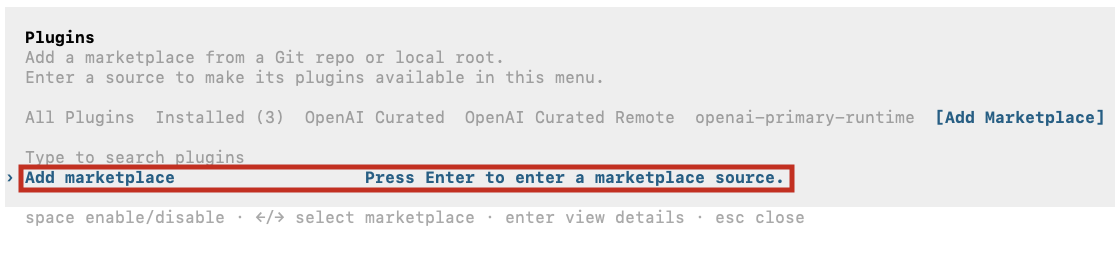 Codex CLI plugins menu with the Add Marketplace tab selected