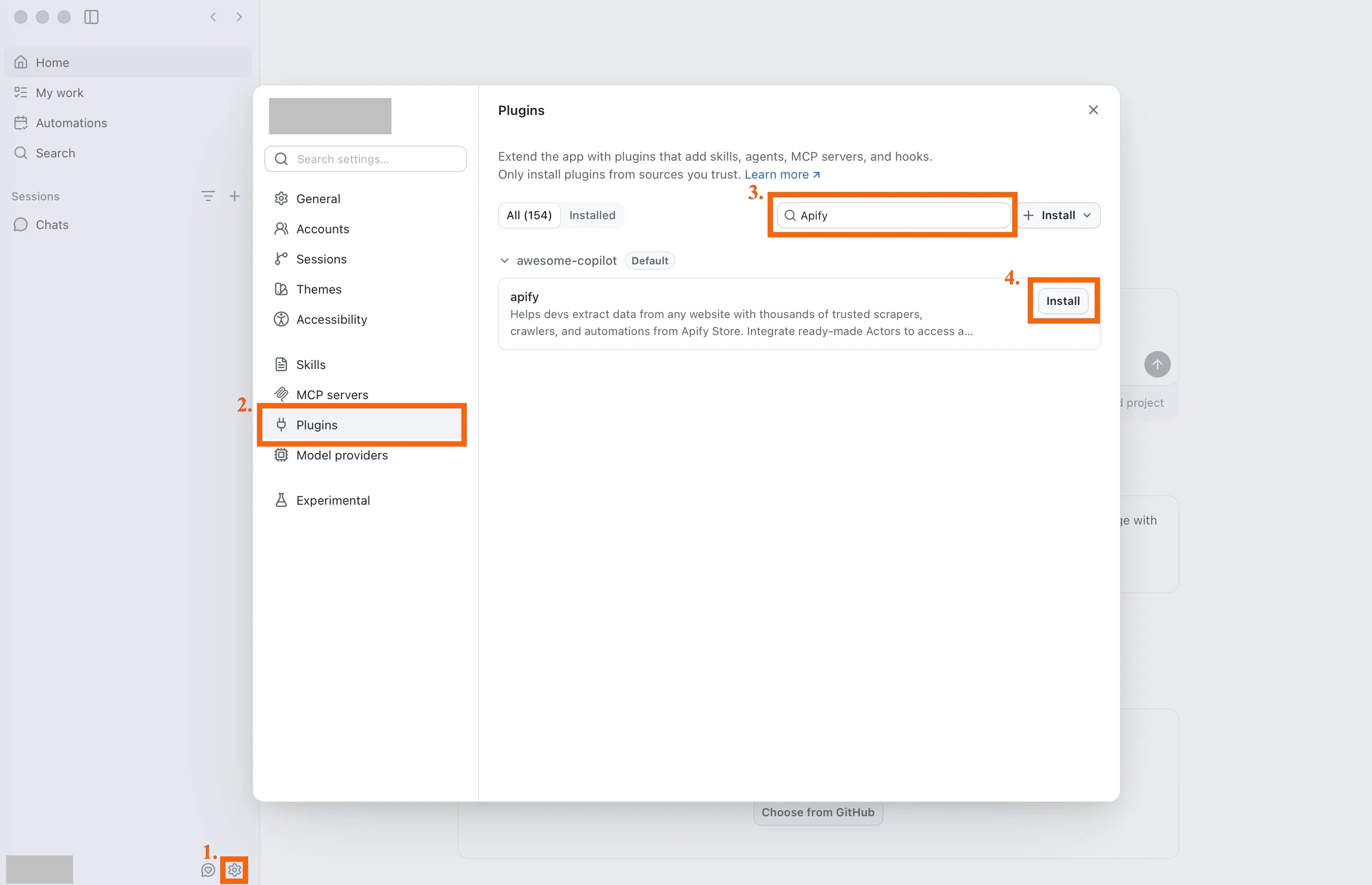 GitHub Copilot desktop app Plugins settings with the apify plugin in the search results
