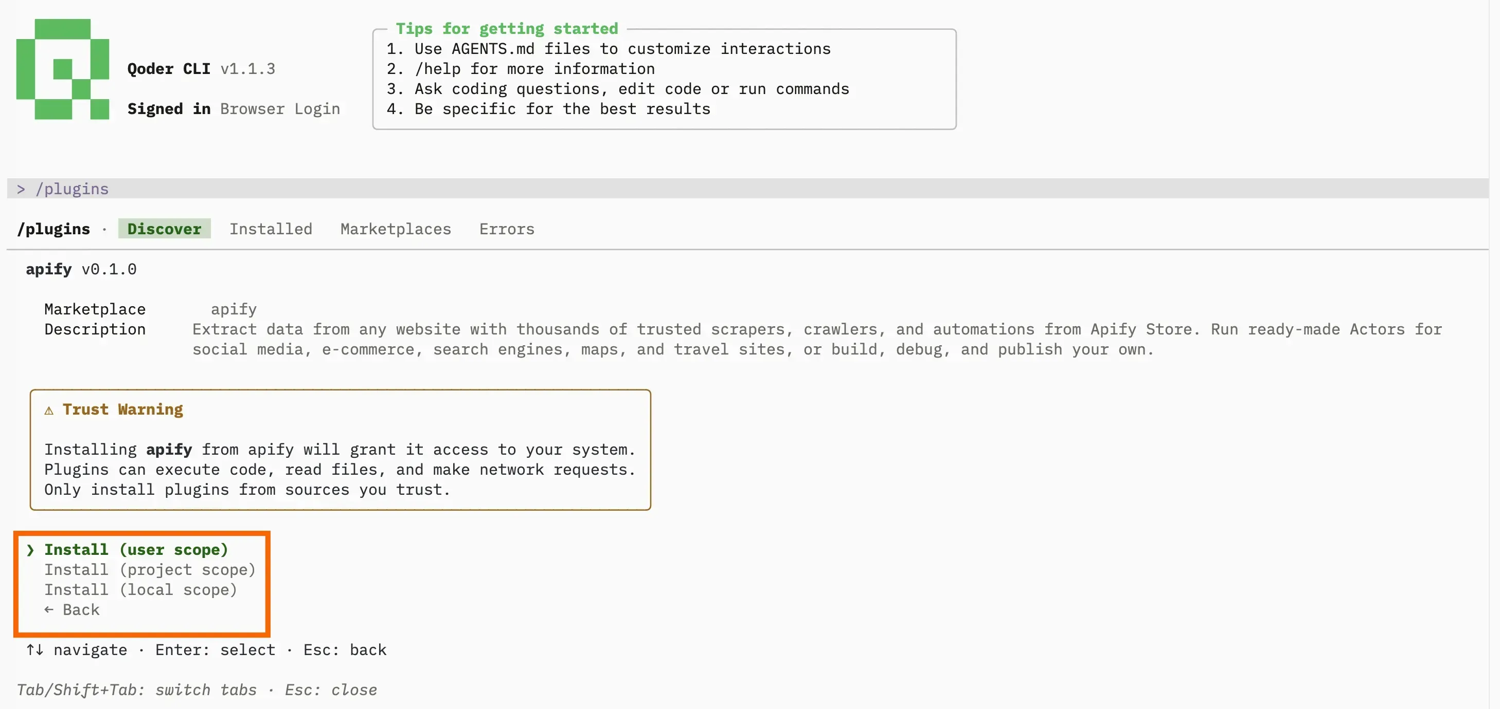 apify plugin detail with the install scope options and a trust warning