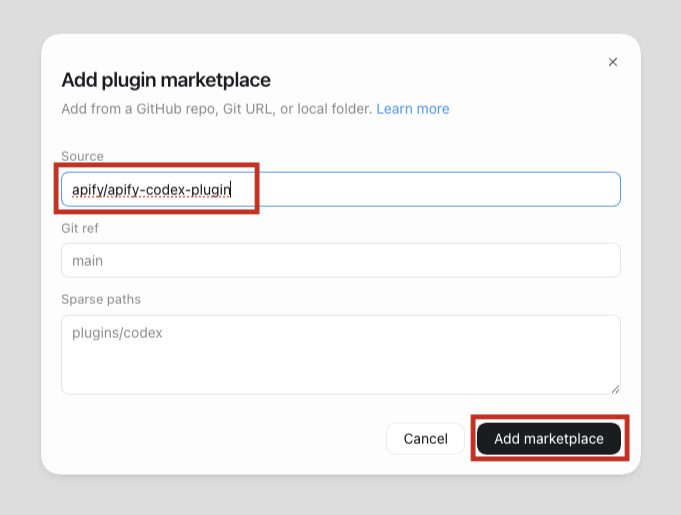 Add plugin marketplace dialog with the Apify repository in the Source field