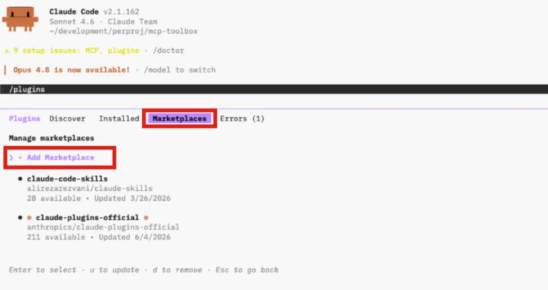 Plugins Marketplaces tab with + Add Marketplace at the top of the list