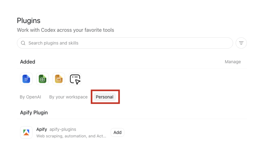 Plugins screen Personal tab showing the Apify plugin card