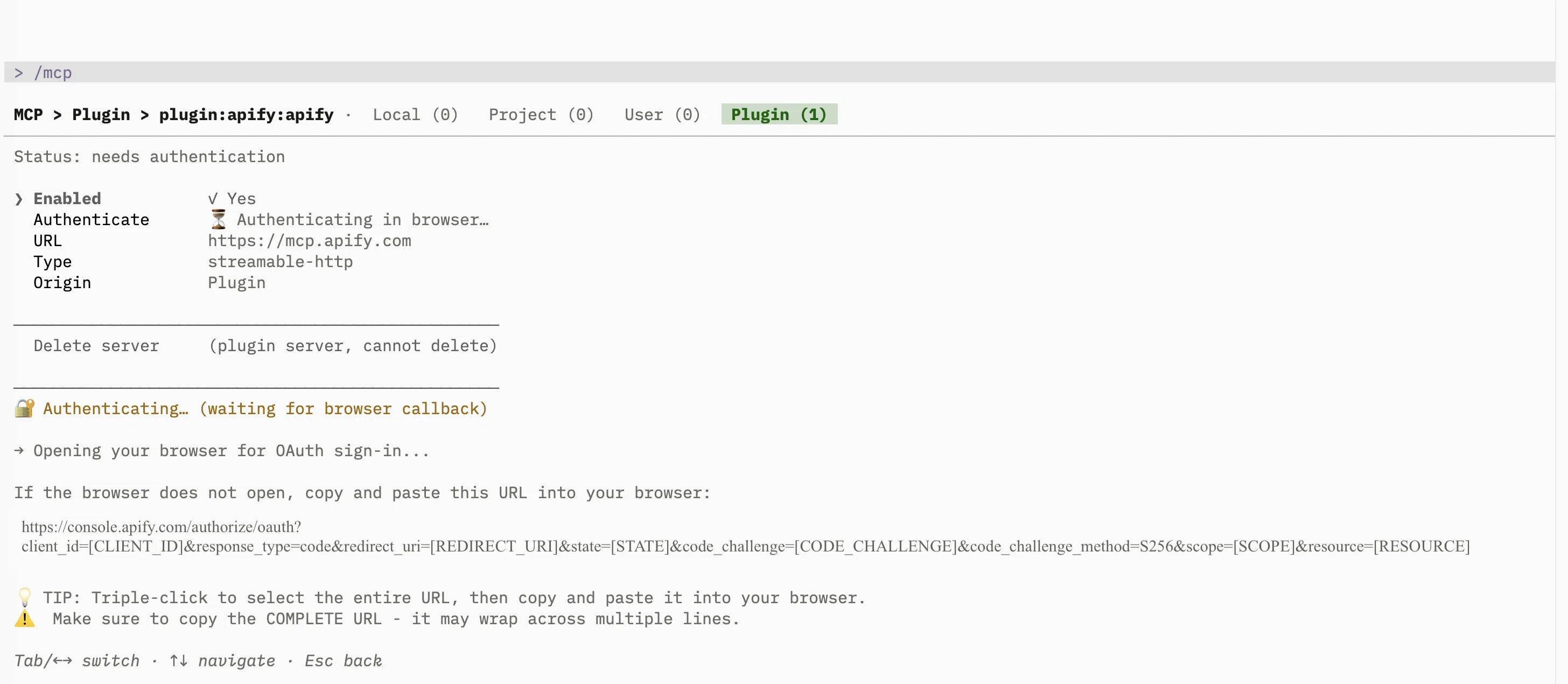 Terminal waiting for the browser callback and showing the fallback OAuth URL