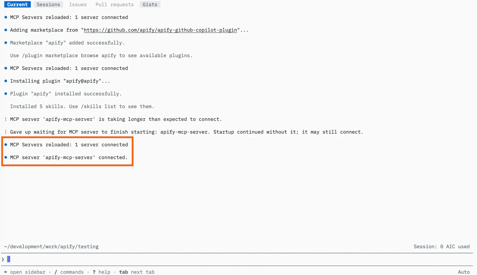GitHub Copilot CLI reporting the apify plugin installed with five skills and apify-mcp-server connected