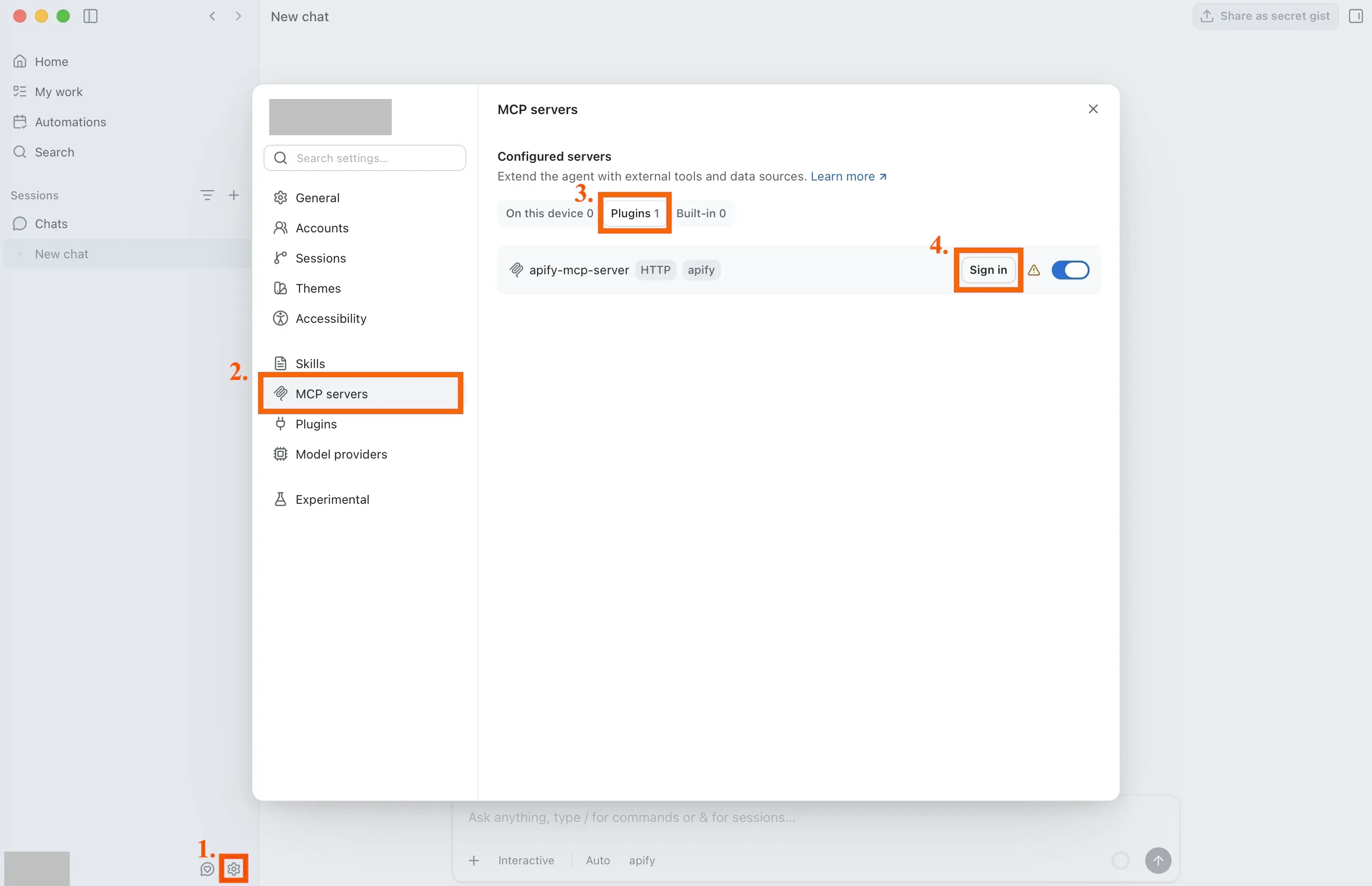 GitHub Copilot desktop app MCP servers settings with the apify-mcp-server Sign in button