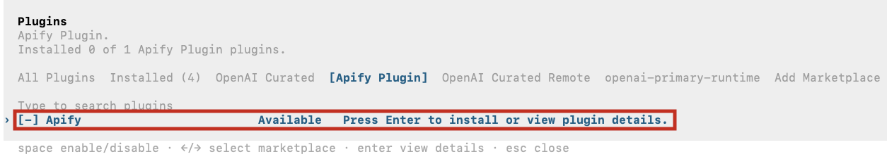 Codex CLI plugins menu showing the Apify plugin as available