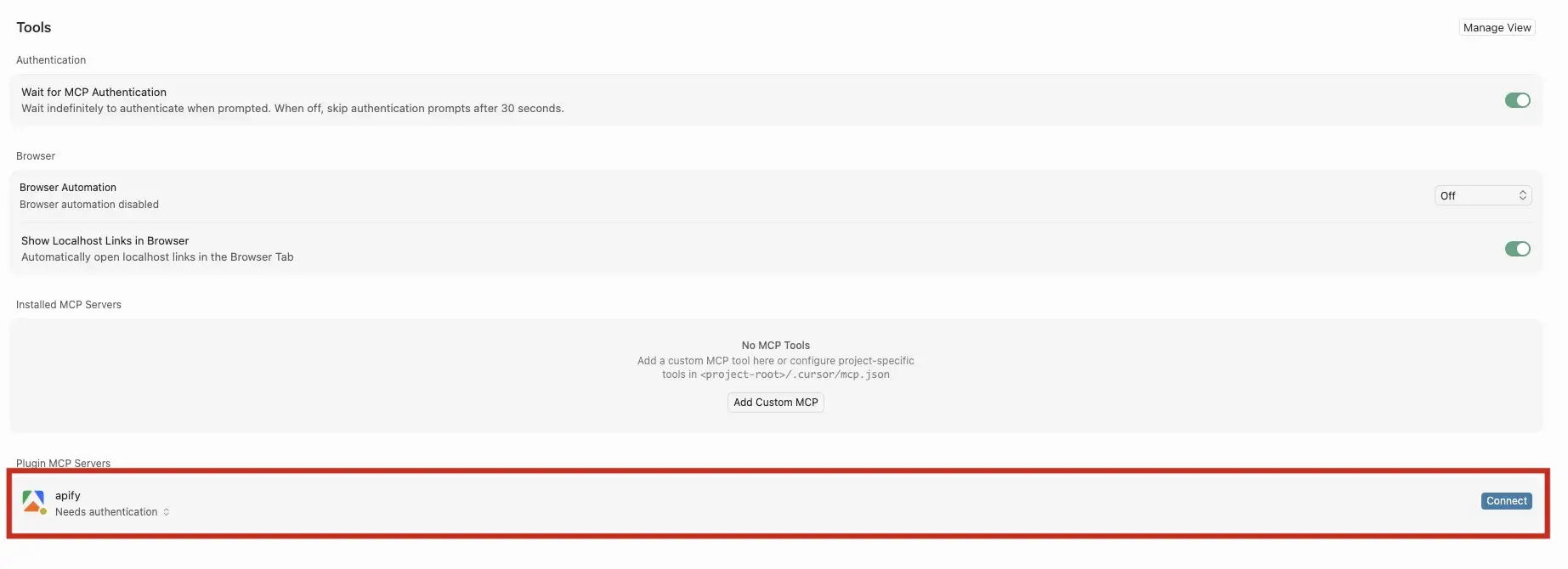 Tools & MCPs page showing the Apify MCP server at the bottom of the list