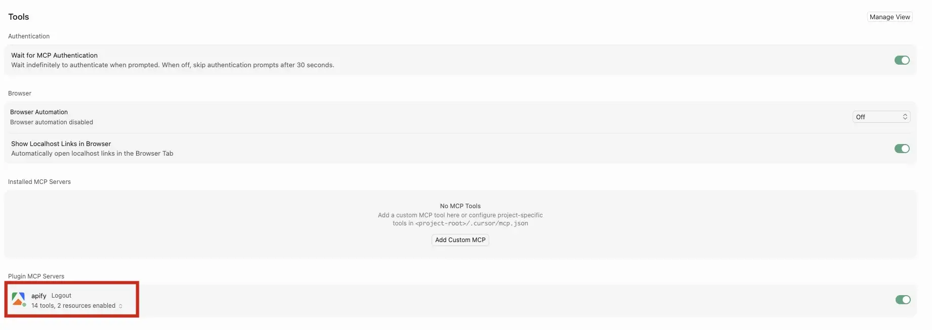 Tools & MCPs page showing the Apify MCP server connected