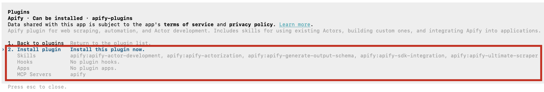 Codex CLI Apify plugin detail with the Install plugin option selected