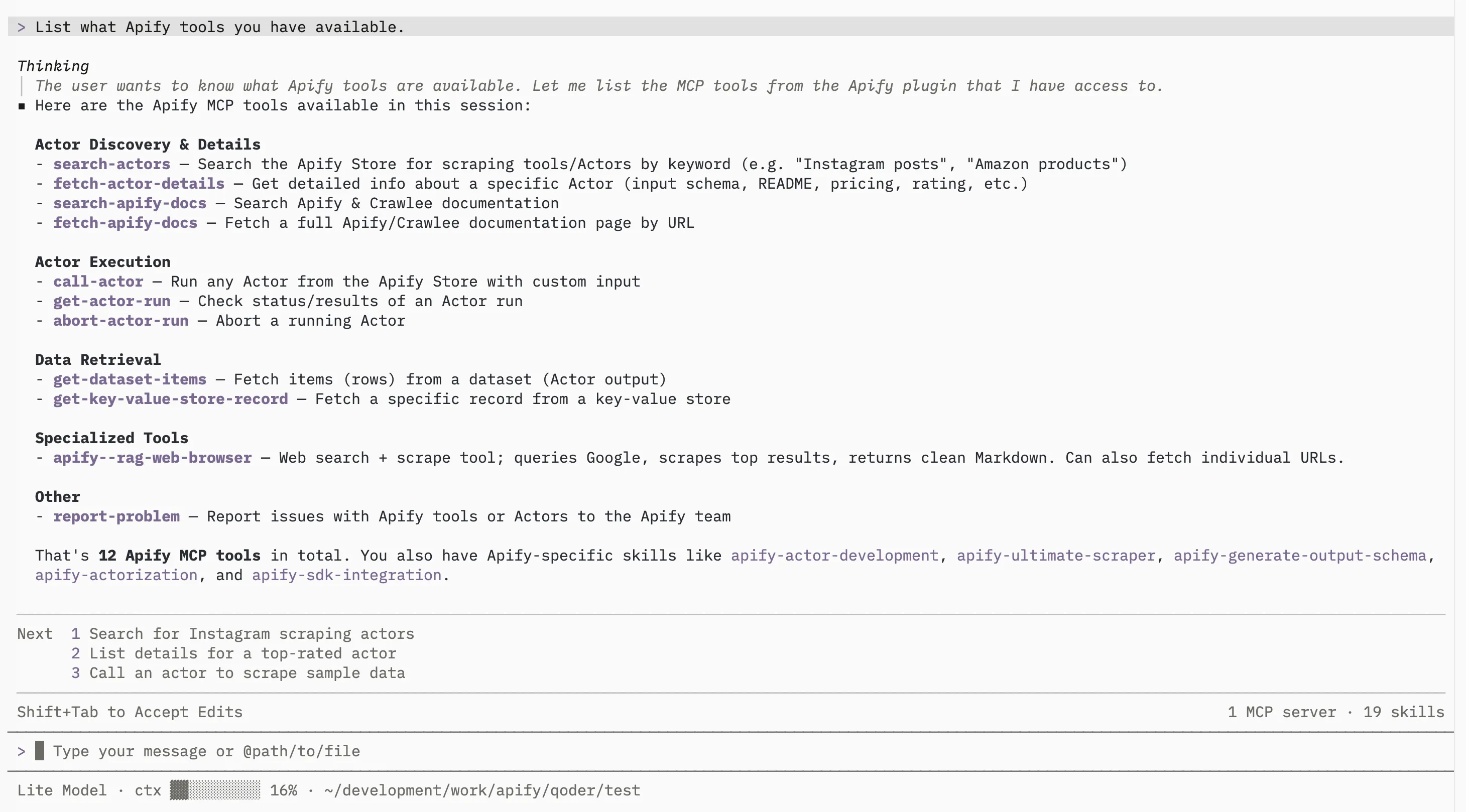 Qoder CLI listing the available Apify MCP tools and skills