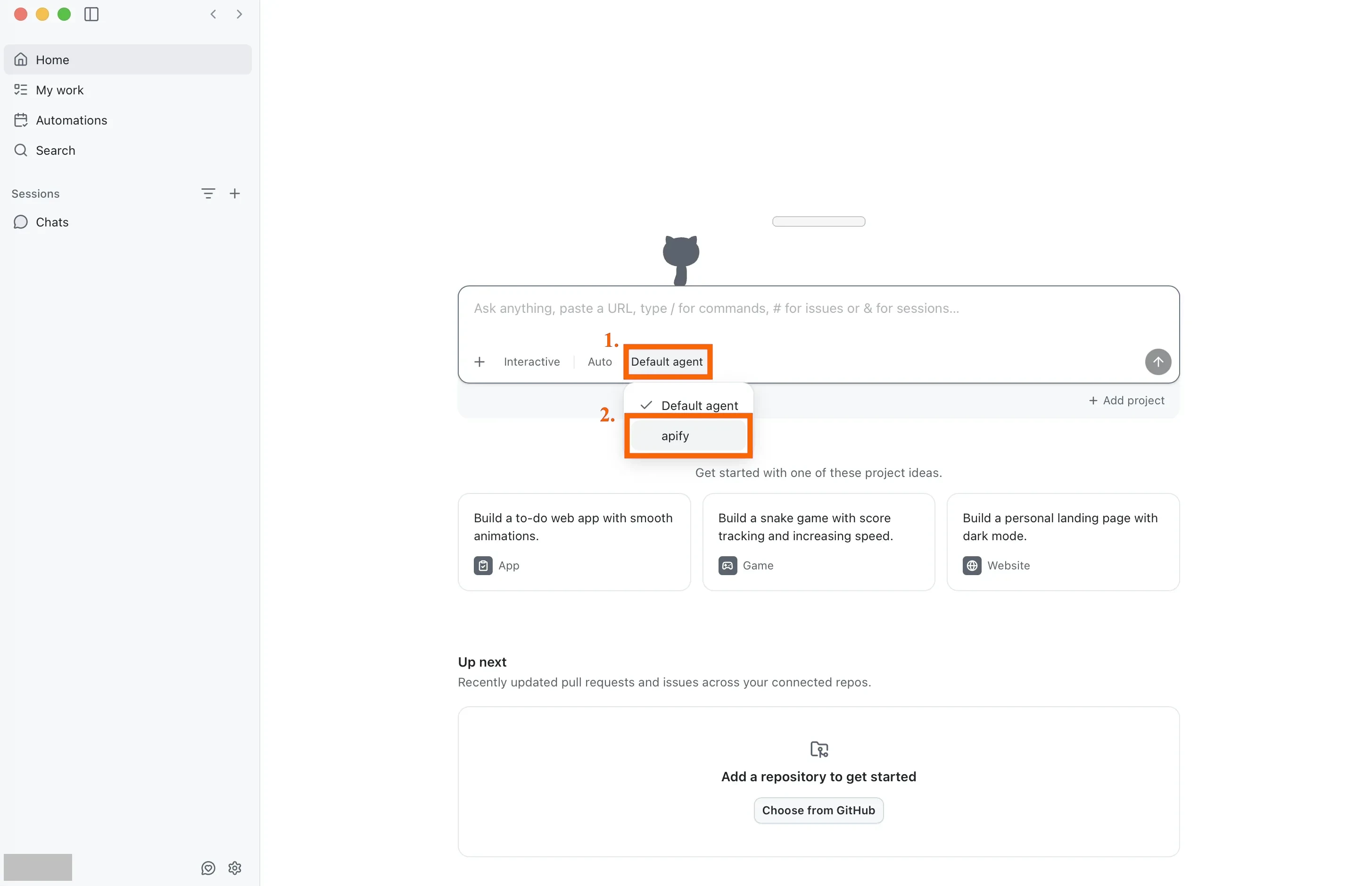 GitHub Copilot desktop app agent picker with the apify agent available