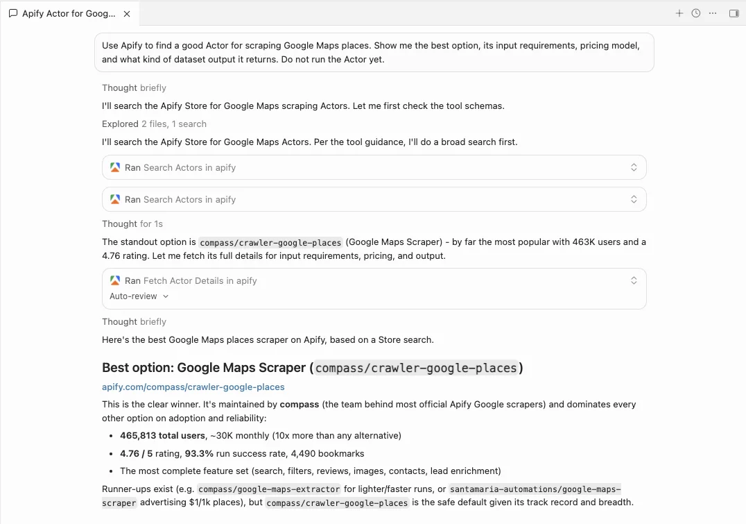Cursor session calling the Apify MCP server and returning Google Maps Actor details