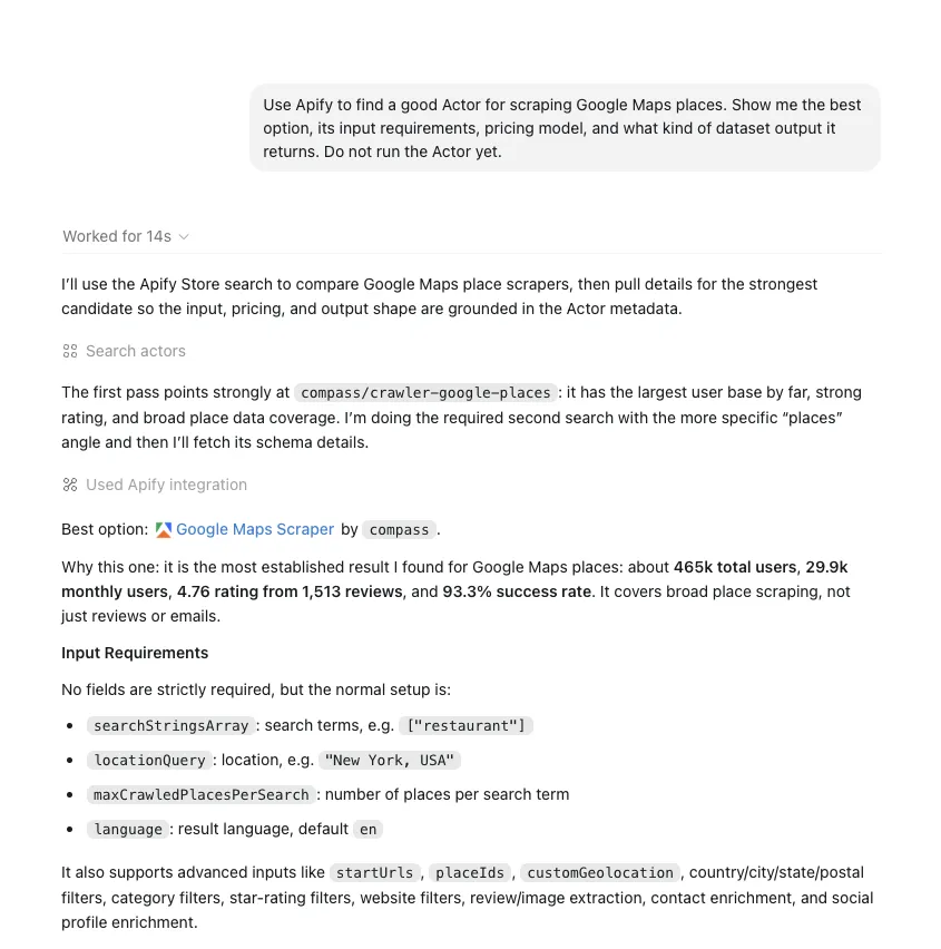 Codex session calling the Apify MCP server and returning Google Maps Actor details