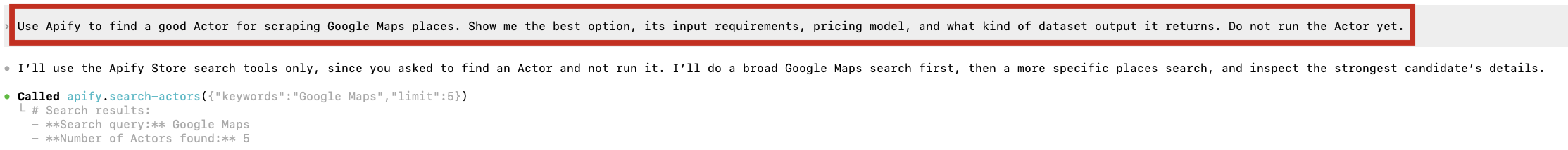 Codex CLI calling the Apify MCP server search-actors tool