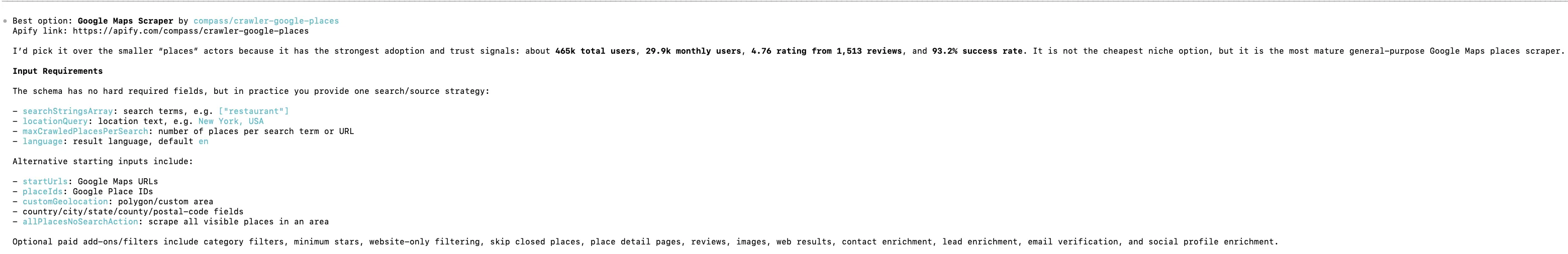 Codex CLI response summarizing the Google Maps Actor inputs and pricing