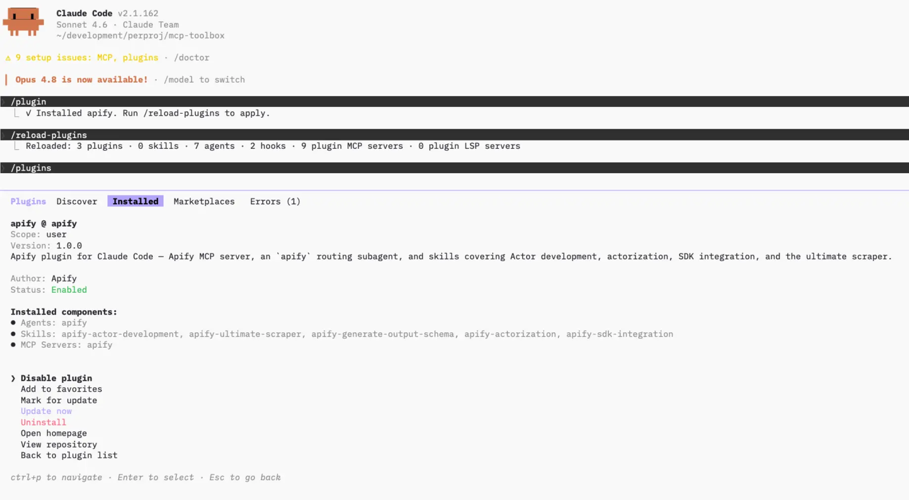 apify plugin detail in the Installed tab with the enable/disable actions