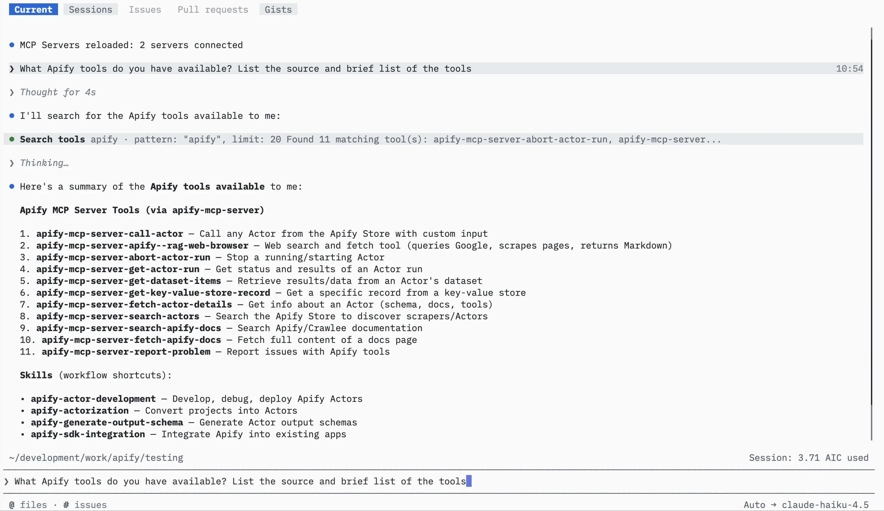GitHub Copilot CLI listing the available Apify MCP tools and skills