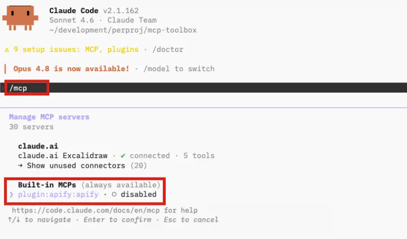 MCP server list with plugin:apify shown as disabled