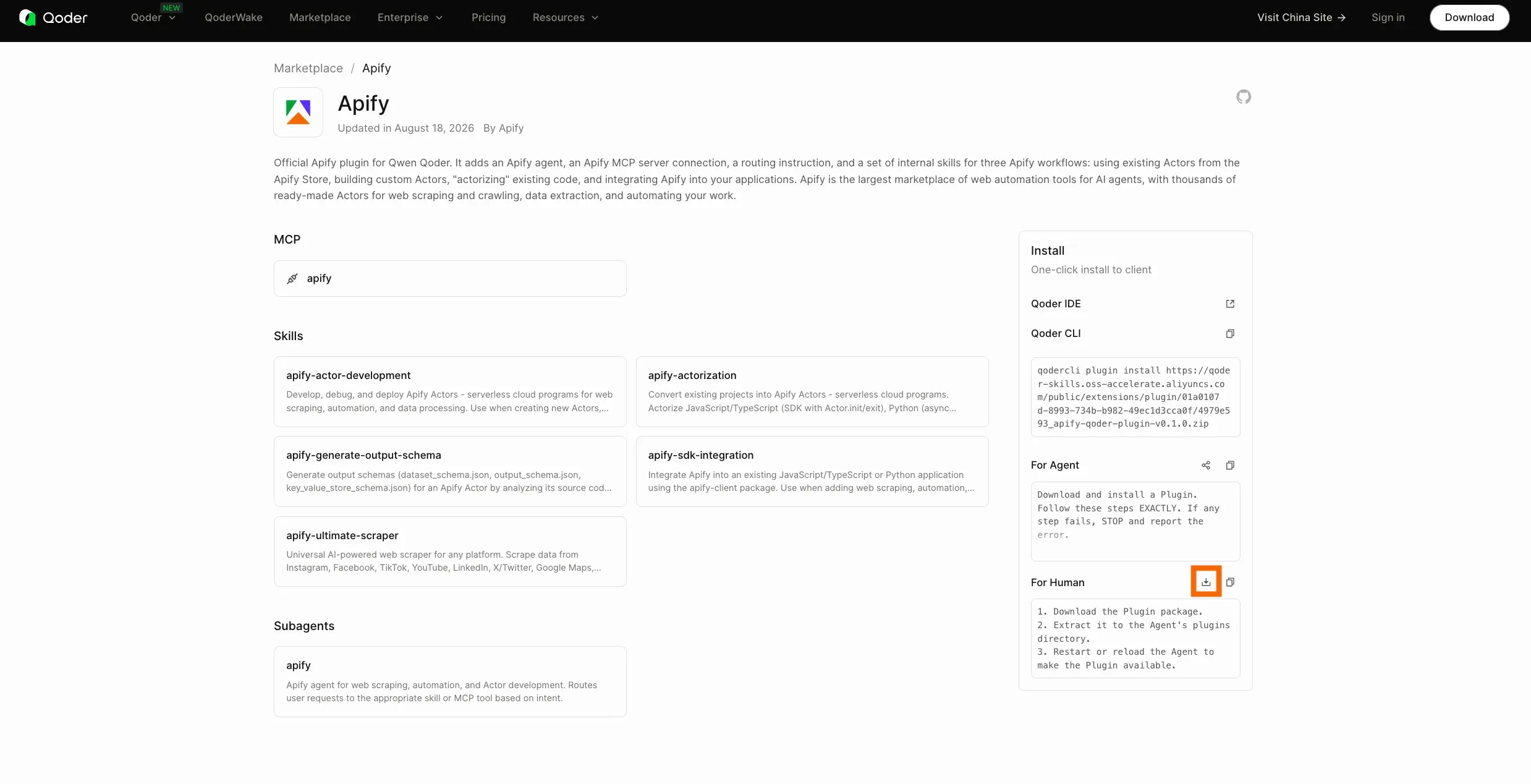Apify plugin page on the Qoder Marketplace with the For Human download option