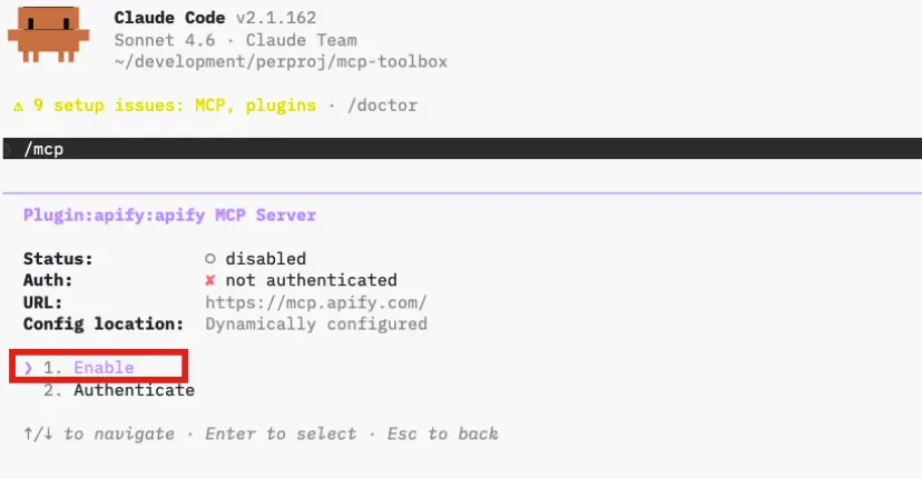 plugin:apify MCP server detail with Enable and Authenticate options