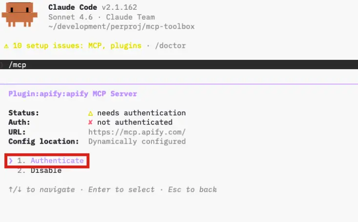plugin:apify MCP server detail with the Authenticate option