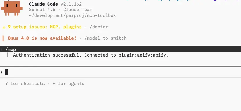 Terminal showing successful authentication to plugin:apify