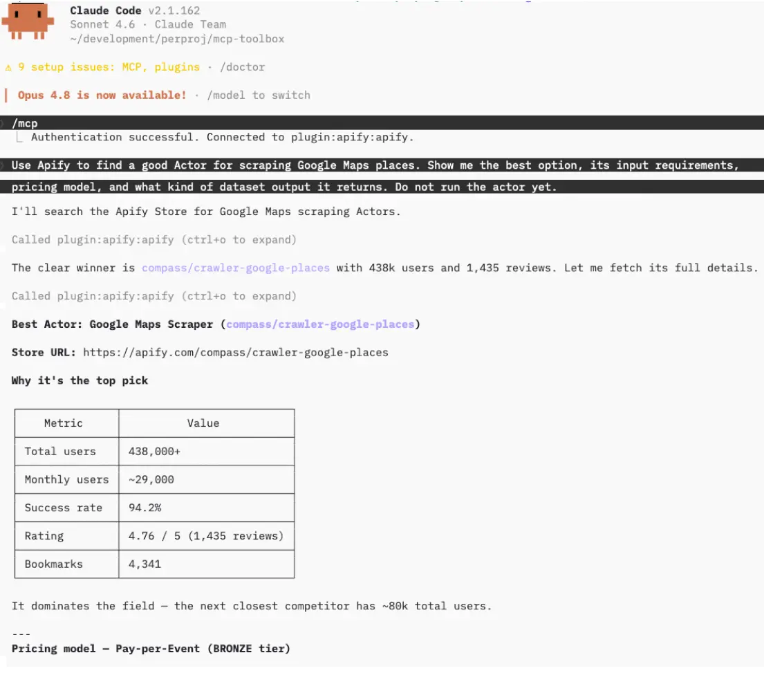 Claude Code session calling plugin:apify and returning Google Maps Actor details