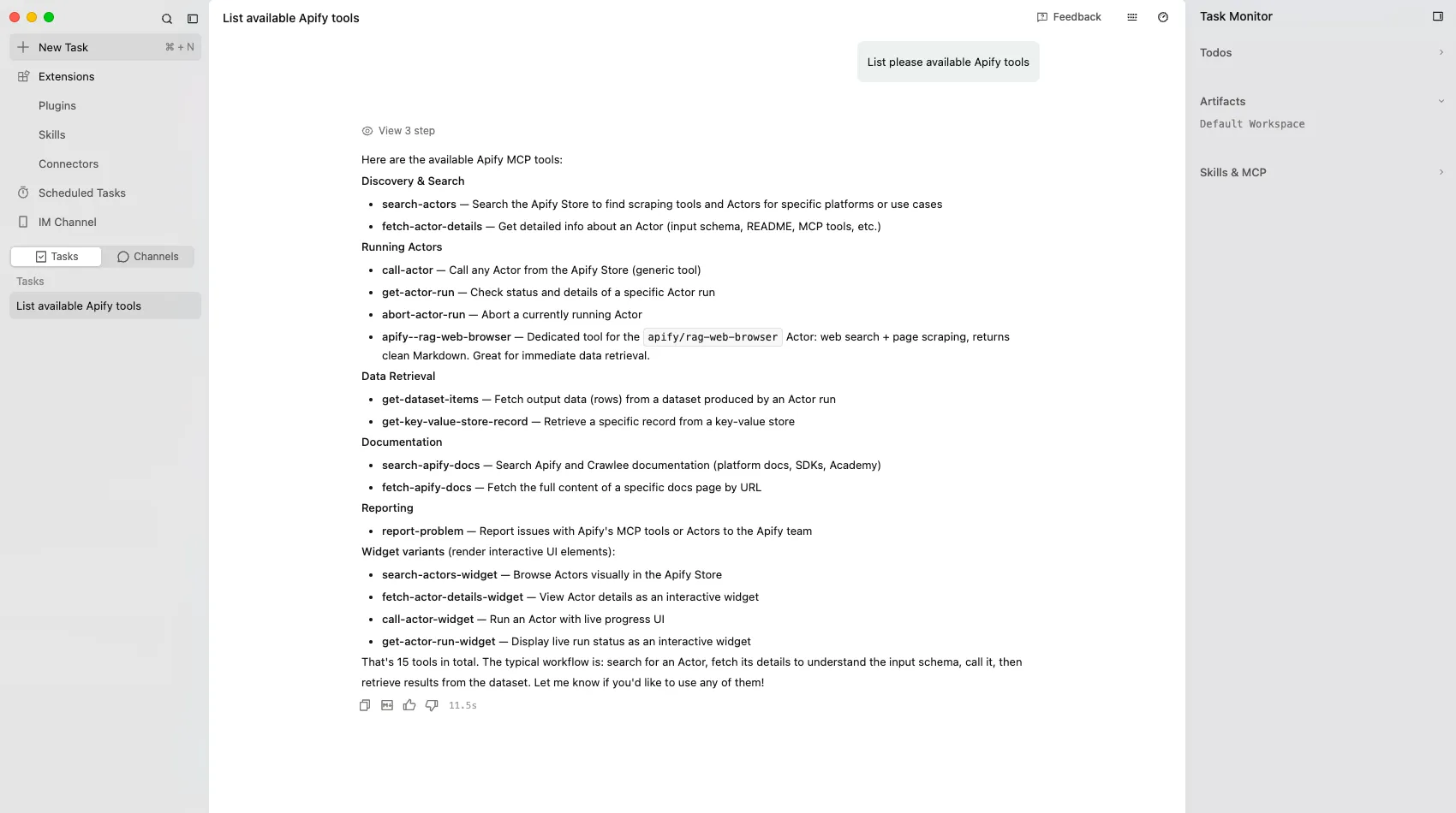 QoderWork chat listing the available Apify tools
