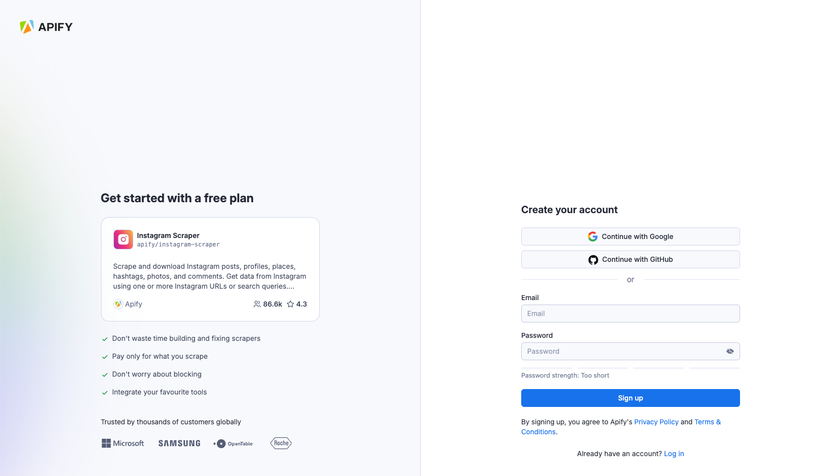 Sign up page