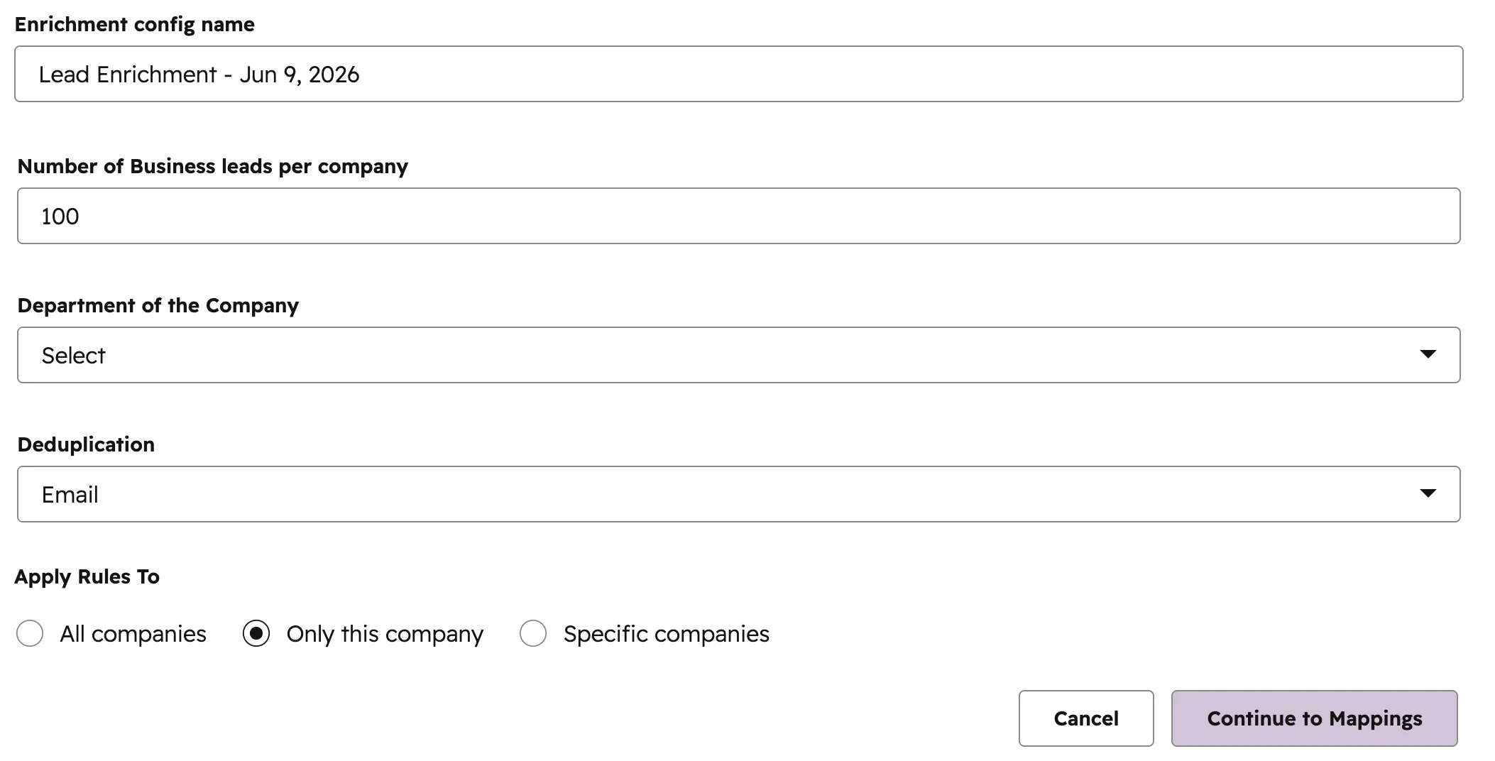 Configuration wizard - Step 1 showing the enrichment details form with name, leads count, department, deduplication dropdown, and apply rules radio buttons