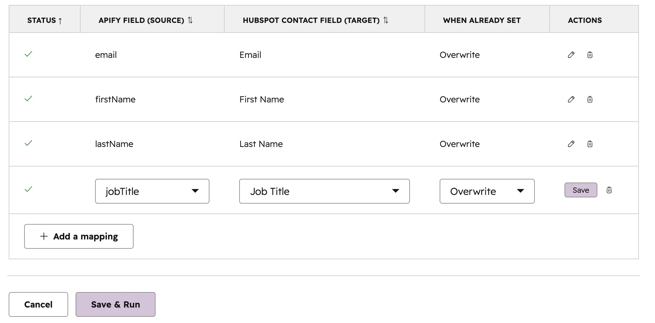 Configuration wizard - Step 2 showing the field mappings table with source field dropdowns, target field dropdowns, and overwrite/skip selectors