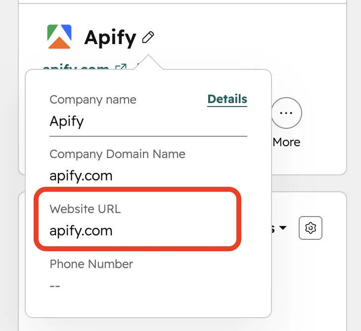 Website URL field highlighted in a HubSpot company record