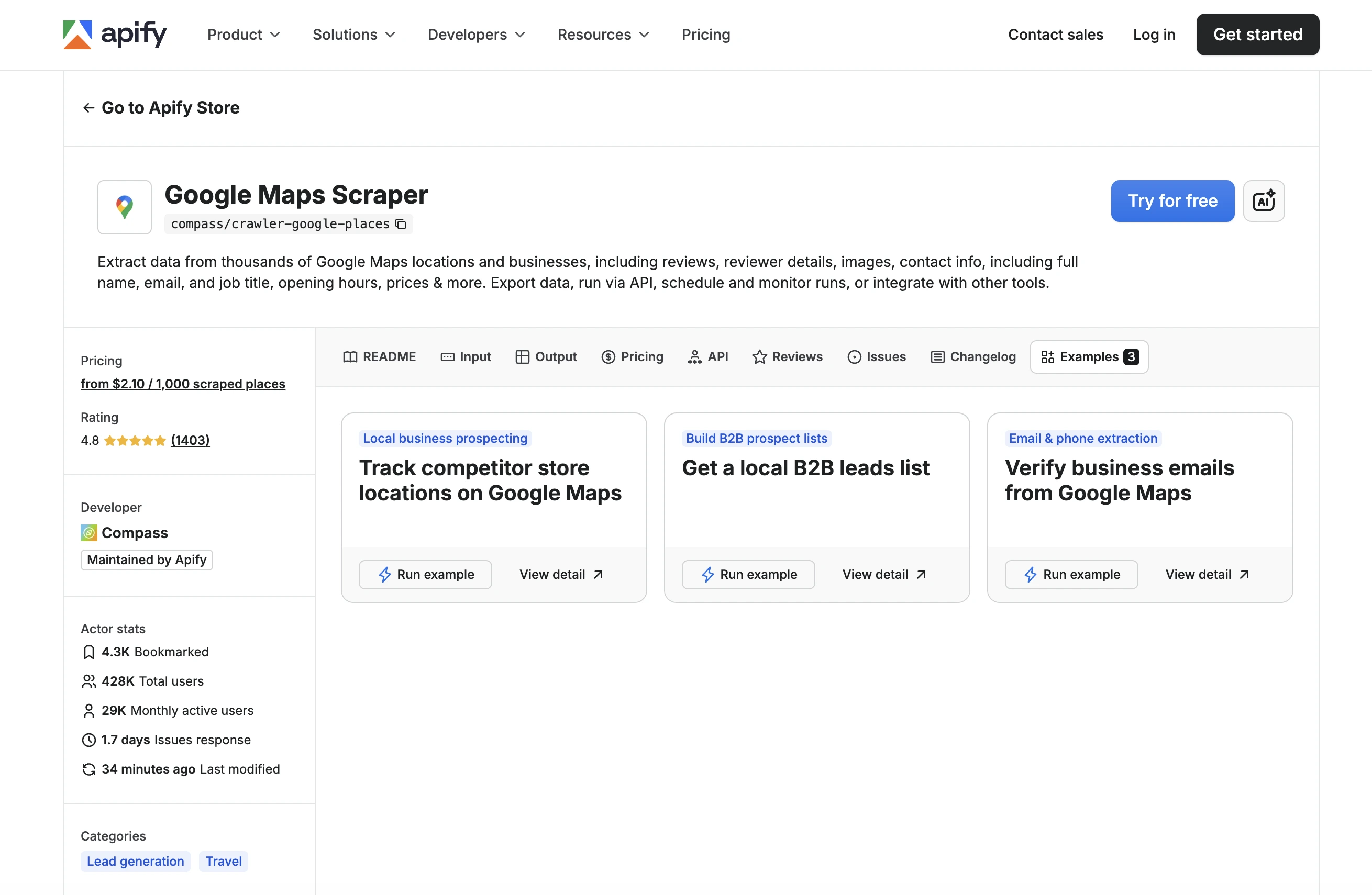 Examples tab on the Actor detail page showing published tasks.