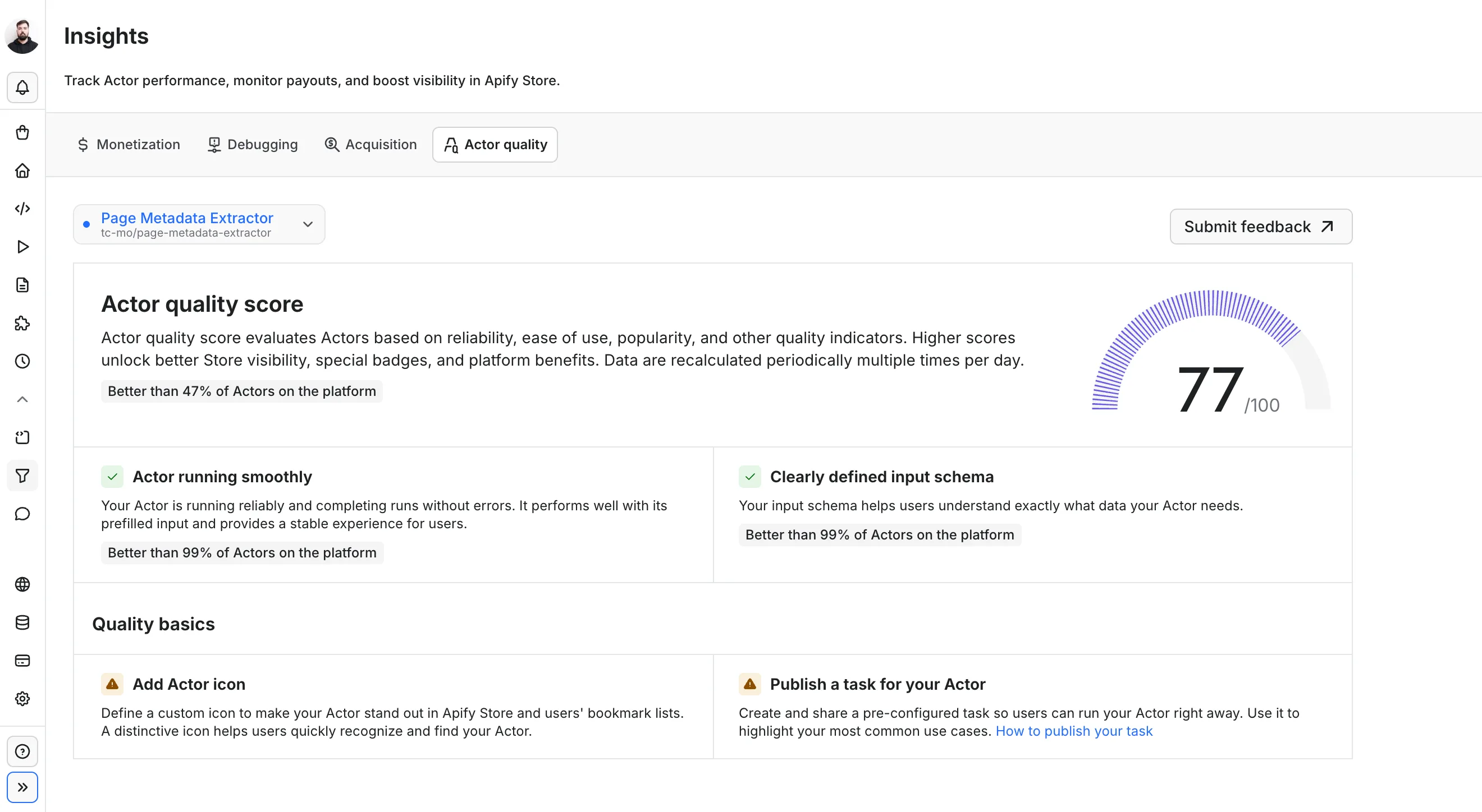 Actor quality dashboard in Apify Console showing an Actor's quality score with passed checks and improvement suggestions
