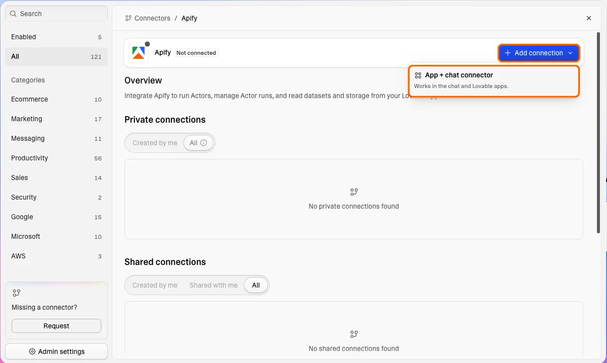 Apify connector page in Lovable, with the Add connection button and the App + chat connector option highlighted