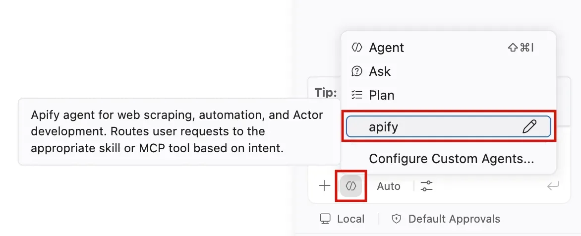 Copilot Chat mode picker with the apify agent selected