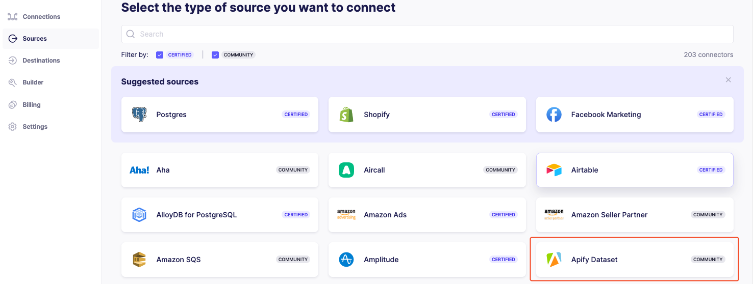 Airbyte sources tab