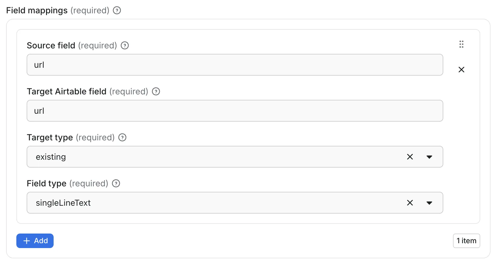 Field mappings editor showing multiple mapping rows configured