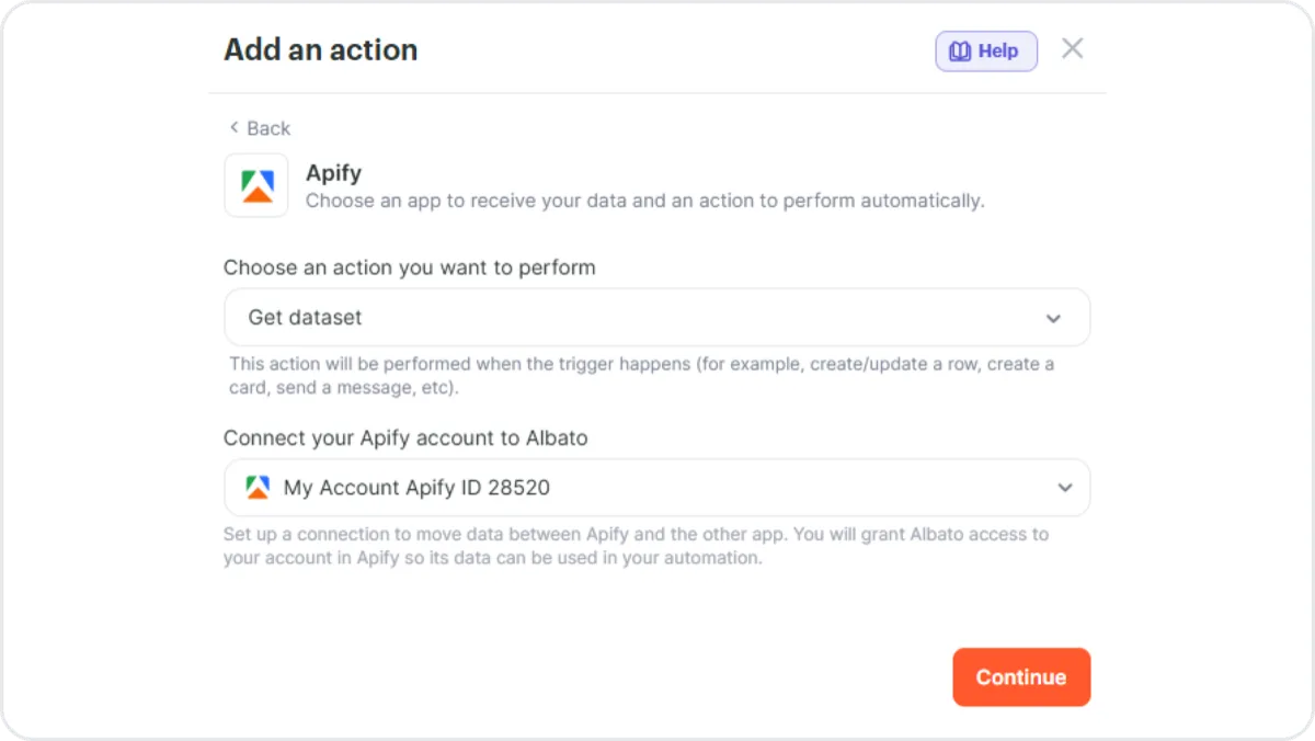 Albato action setup panel with Apify selected, the Get dataset action chosen, and an Apify connection configured