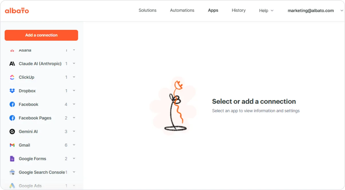 Albato Apps page with the Add a connection button
