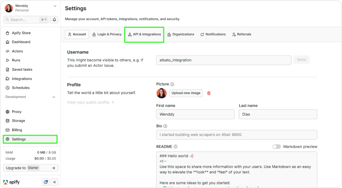 Apify Console Settings page open