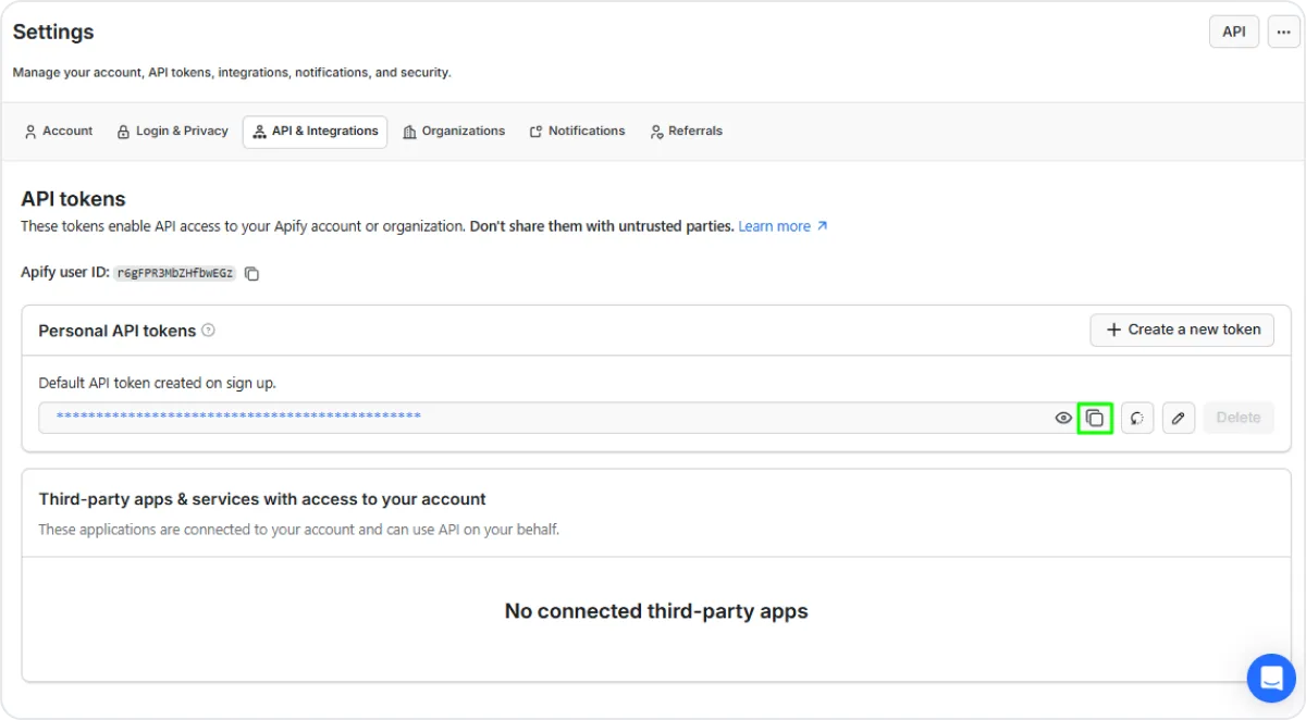Apify Console API &amp; Integrations page showing the Personal API token field