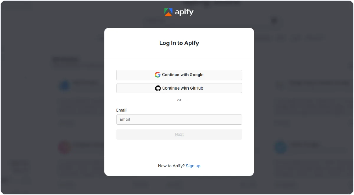 Apify Console dashboard for signing in