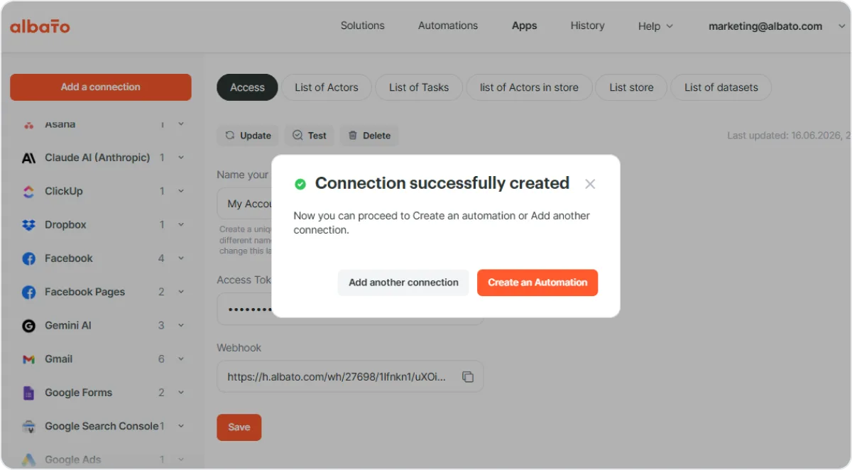 Albato success notification confirming the Apify connection was created