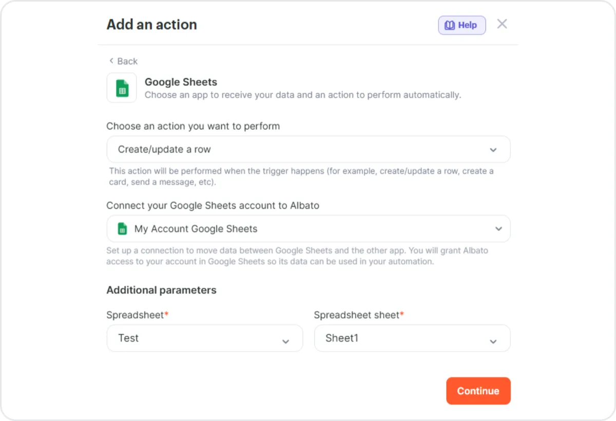 Albato action setup panel with Google Sheets selected, the Create/update a row action chosen, and the spreadsheet and sheet fields configured