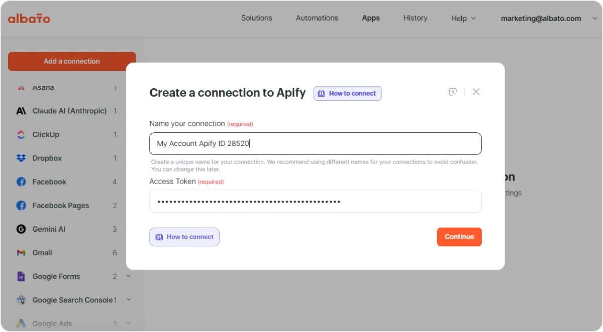 Albato connection tab with the Apify API token pasted into the token field