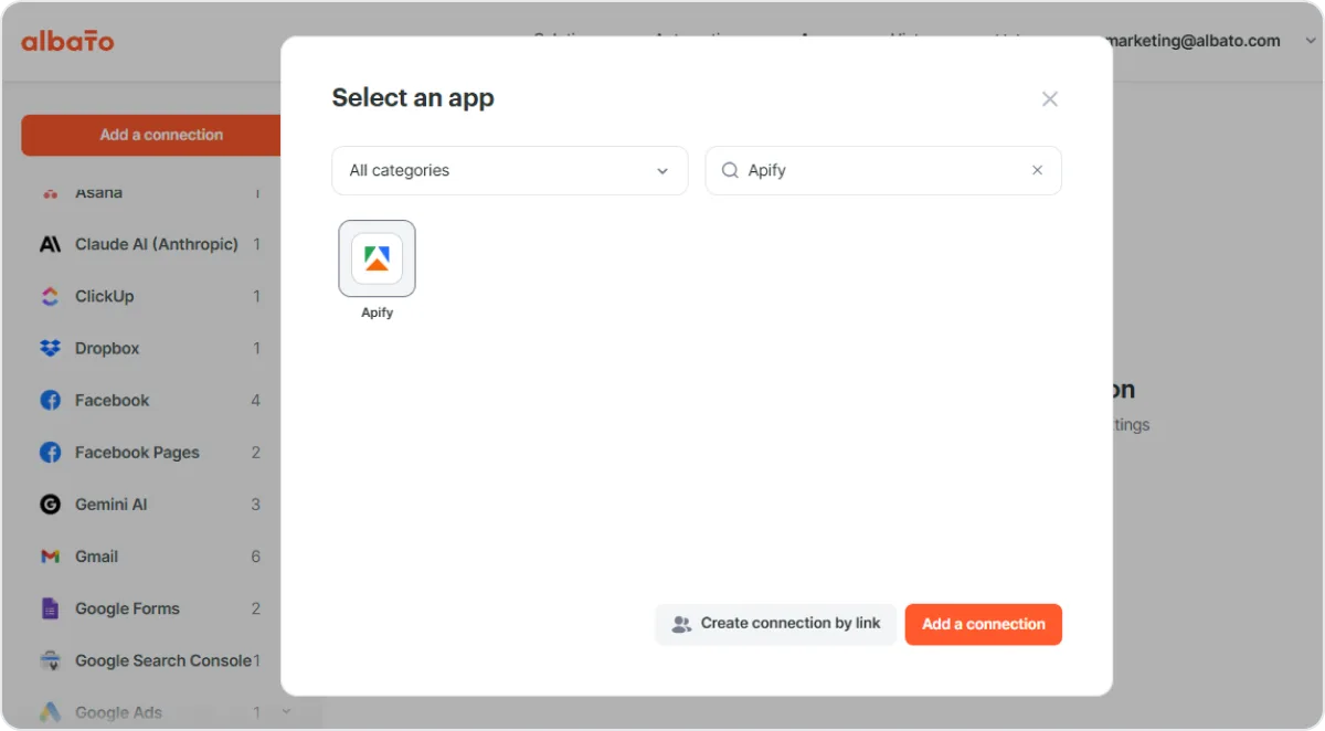 Albato connection search with Apify selected from the app list