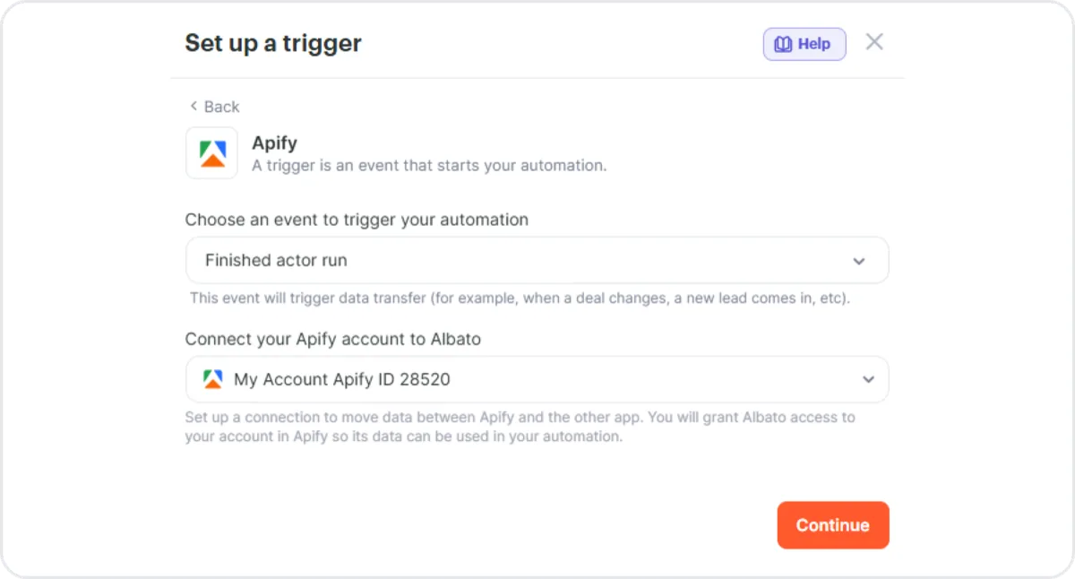 Albato trigger setup panel with Apify selected, the Finished actor run event chosen, and an Apify connection configured
